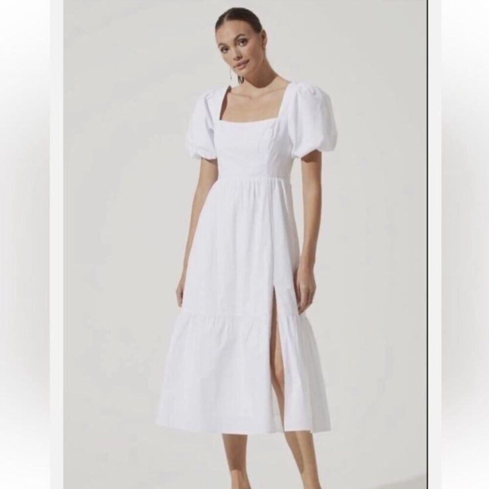 ASTR The Label Women's Puff Sleeve Tiered Poplin White Midi Dress Size Large
